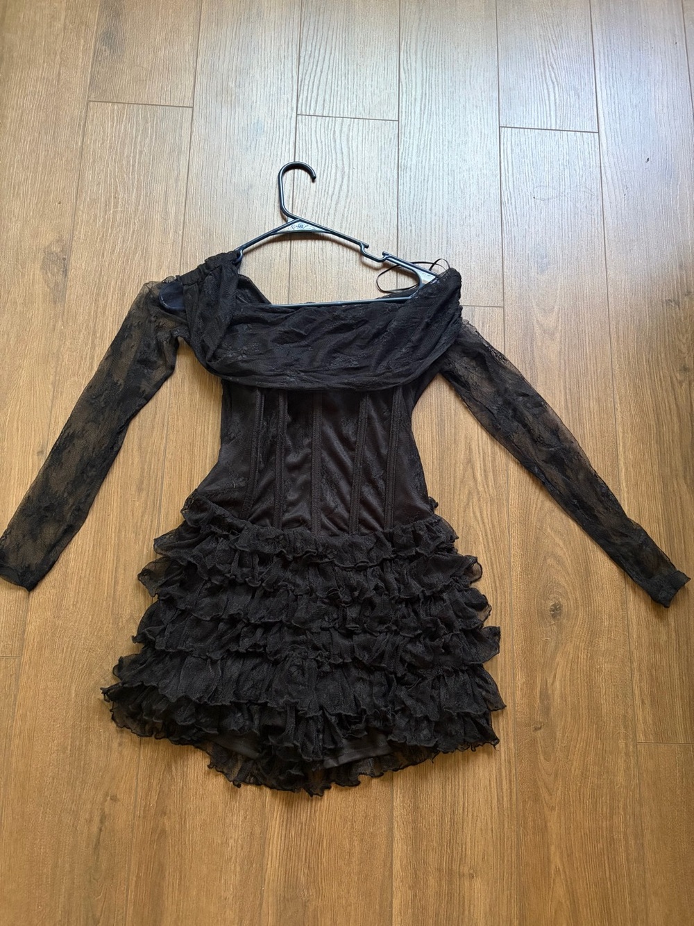 Fashion Nova Black Off-Shoulder Lace Ruffle Long-Sleeve Dress